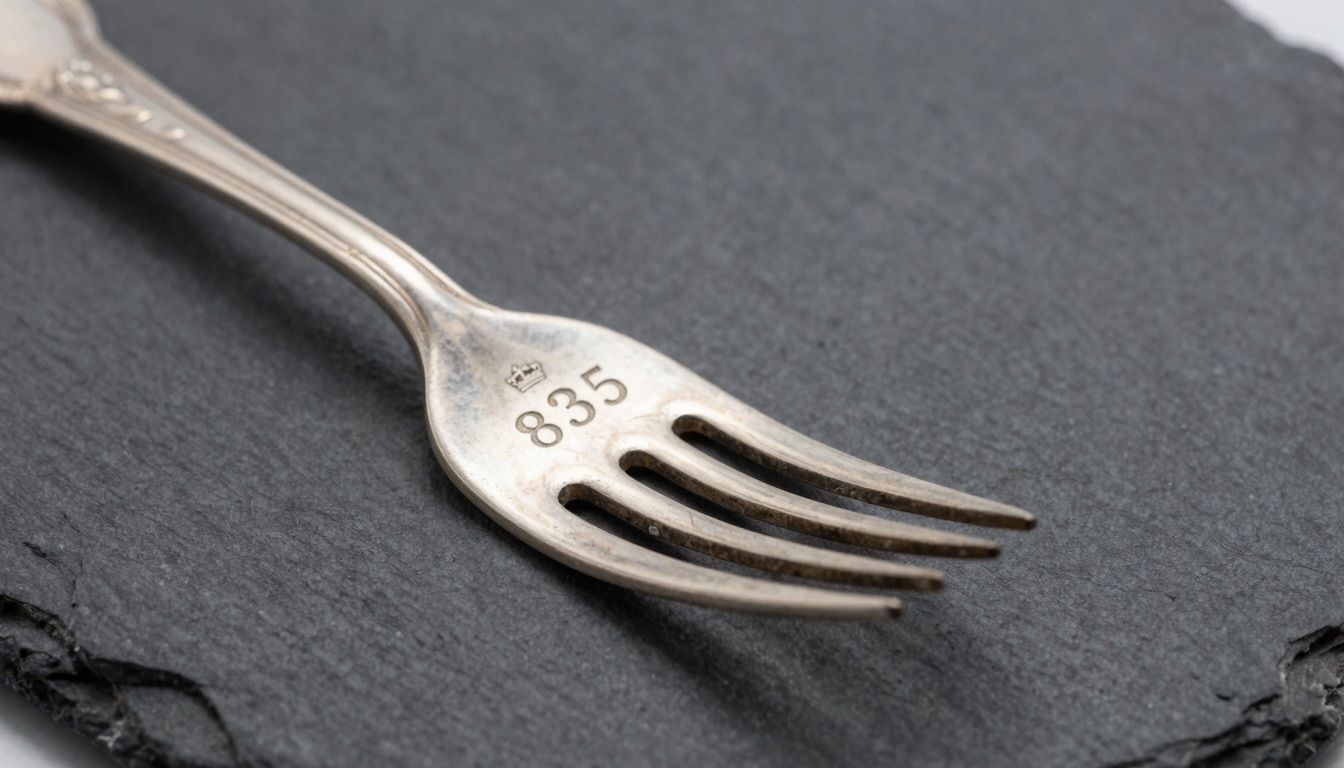 Antique 835 silver fork showing the 835 fineness mark, crown, and crescent moon hallmark