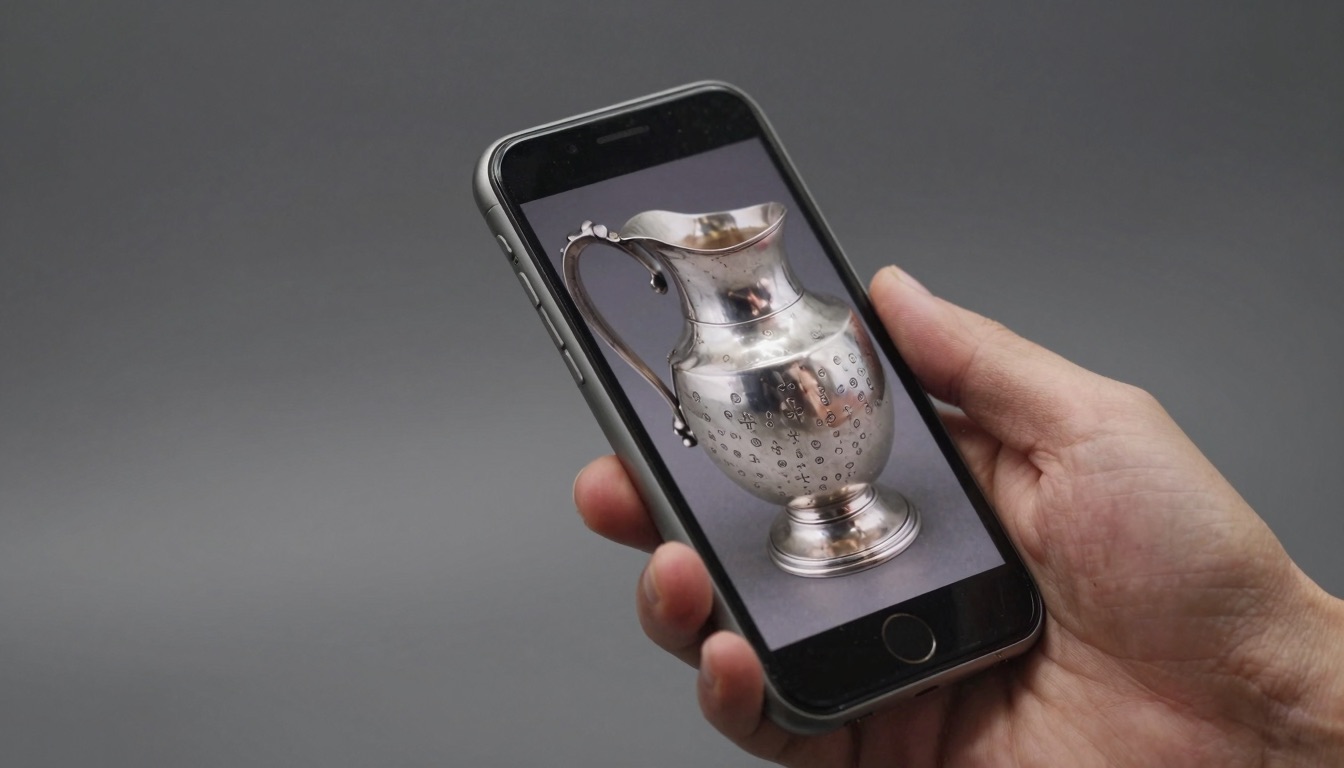 Smartphone photographing the hallmarks on an antique sterling silver cream jug