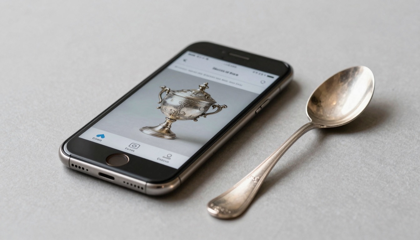 Curio antique identifier app open on a smartphone beside a hallmarked antique silver spoon