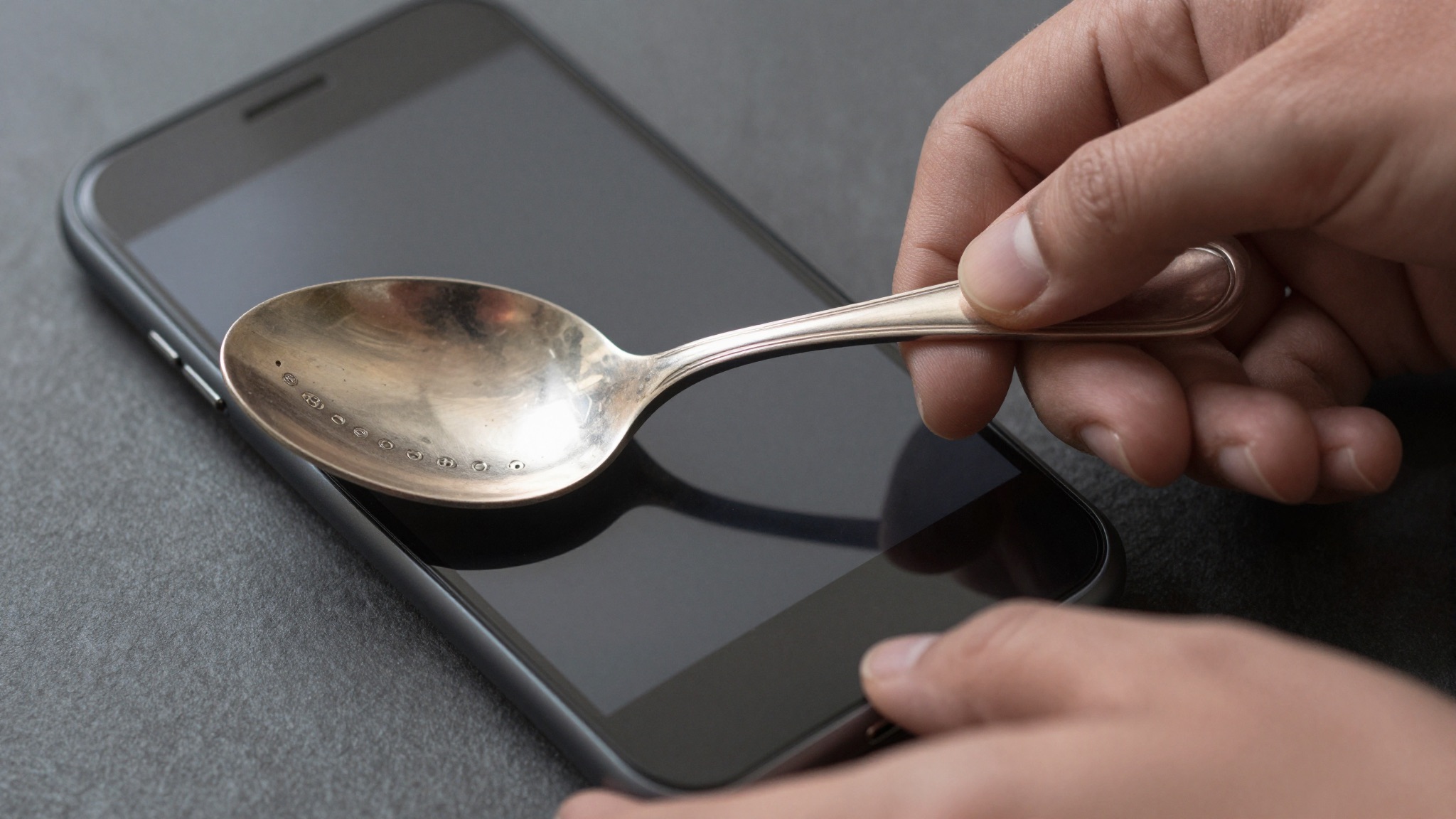 Smartphone camera scanning British silver hallmarks on an antique spoon