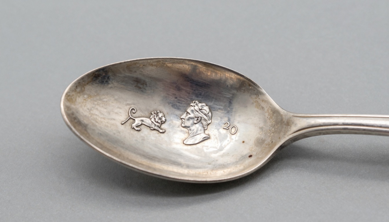 Antique sterling silver duty mark showing the sovereign's head hallmark in macro detail