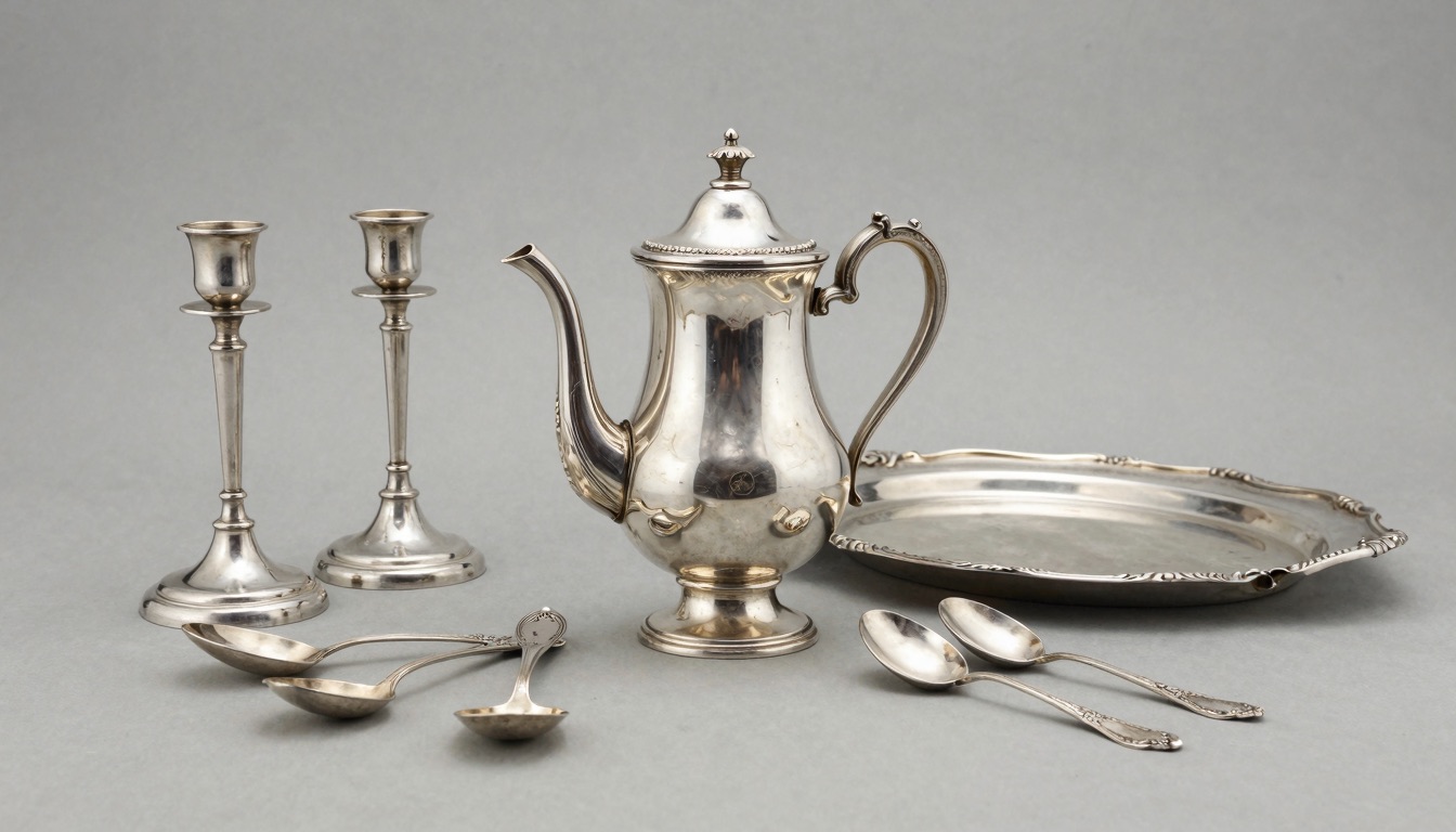 Inherited antique sterling silver tea set, candlesticks, and spoons arranged for appraisal with a visible hallmark