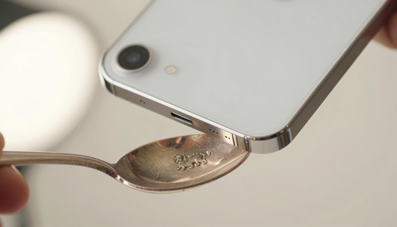 Smartphone camera scanning a silver hallmark on antique flatware in soft light