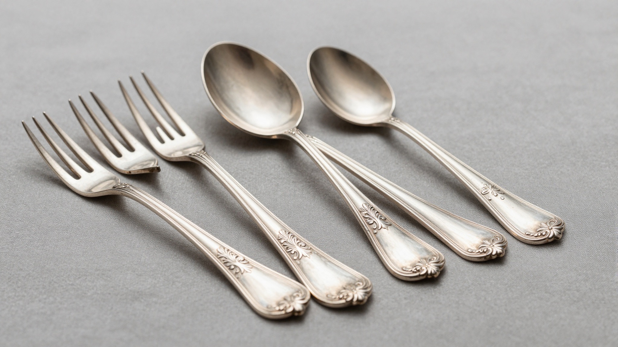 Antique sterling silver flatware with ornate patterns arranged on a neutral surface