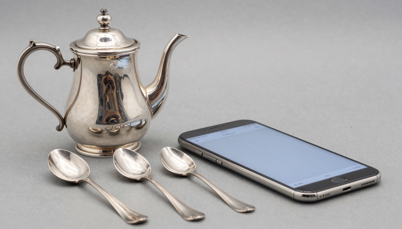 Antique silver teapot and hallmarked spoons photographed beside a smartphone running an appraisal app