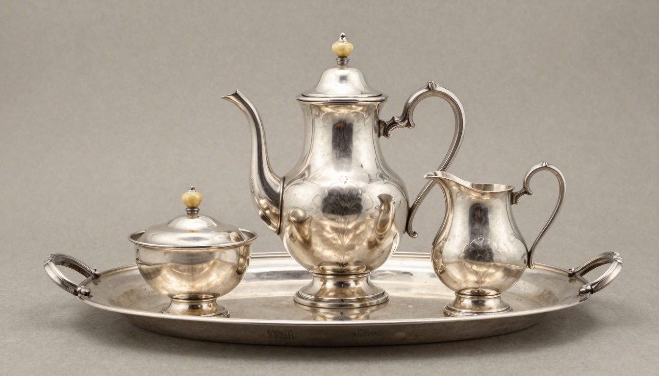 Antique sterling silver tea set with teapot, sugar bowl, and creamer on a footed tray