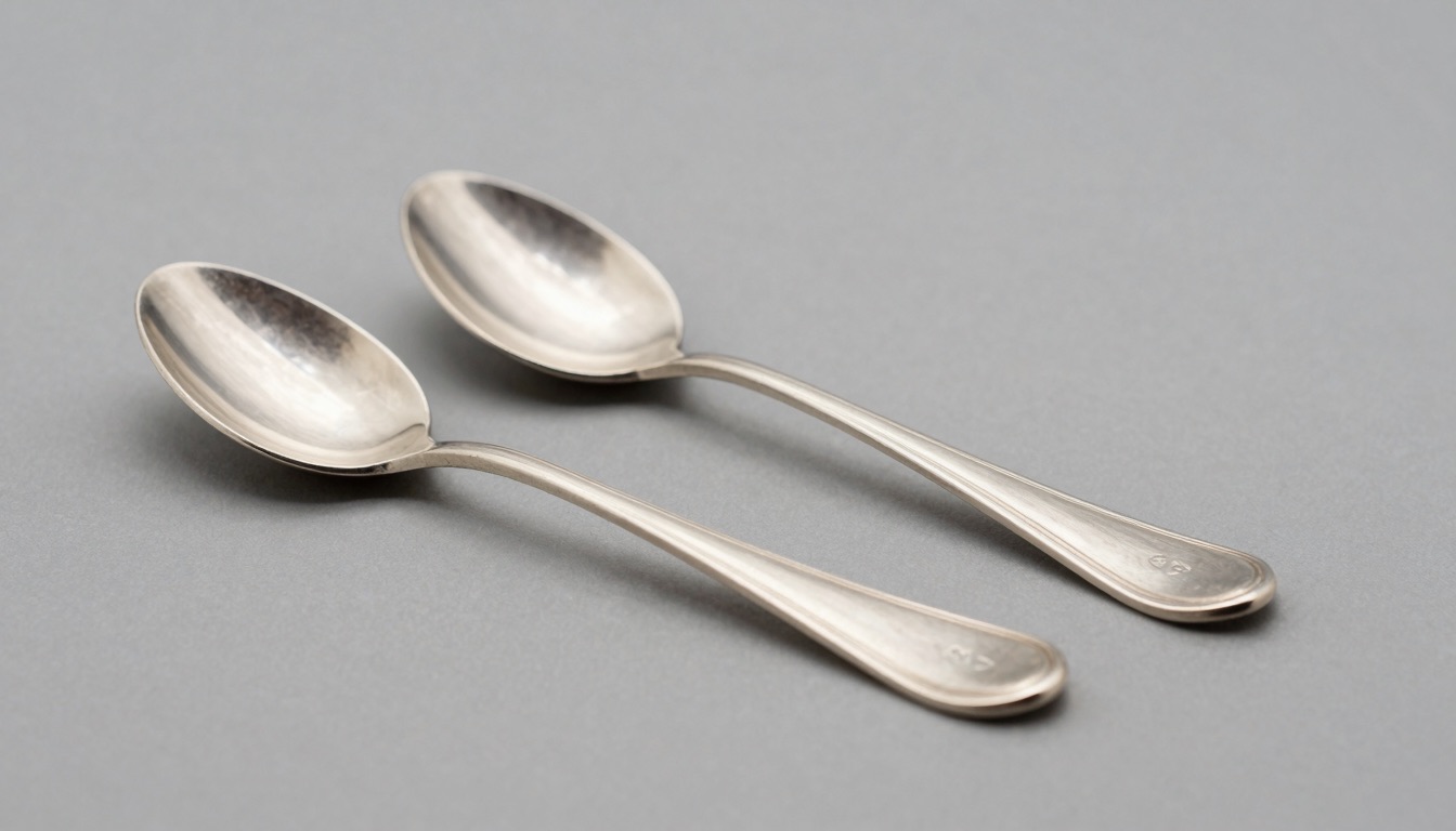 Sterling silver spoon and silver plate spoon side by side showing hallmark stamps for identification