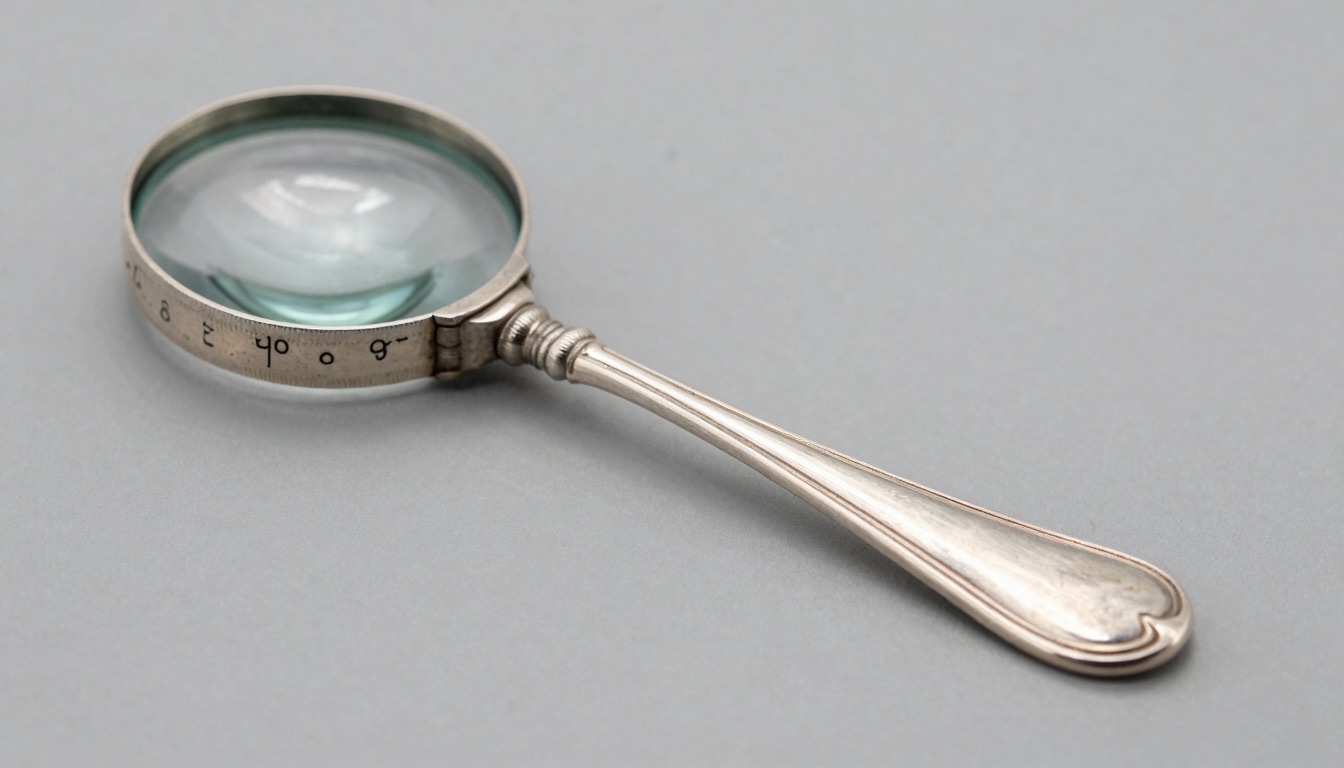 Antique sterling silver spoon hallmark and date letter magnified under a jeweler's loupe