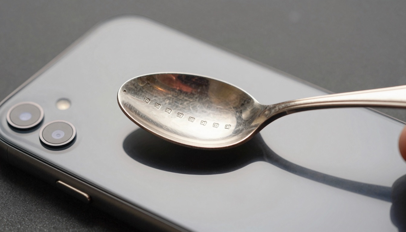 Smartphone app scanning a silver hallmark on an antique sterling spoon