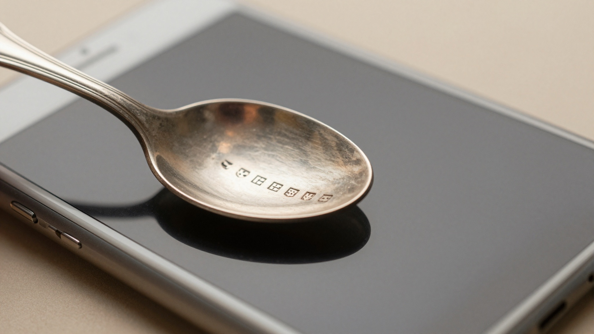Close-up of sterling silver hallmark being photographed with a smartphone app