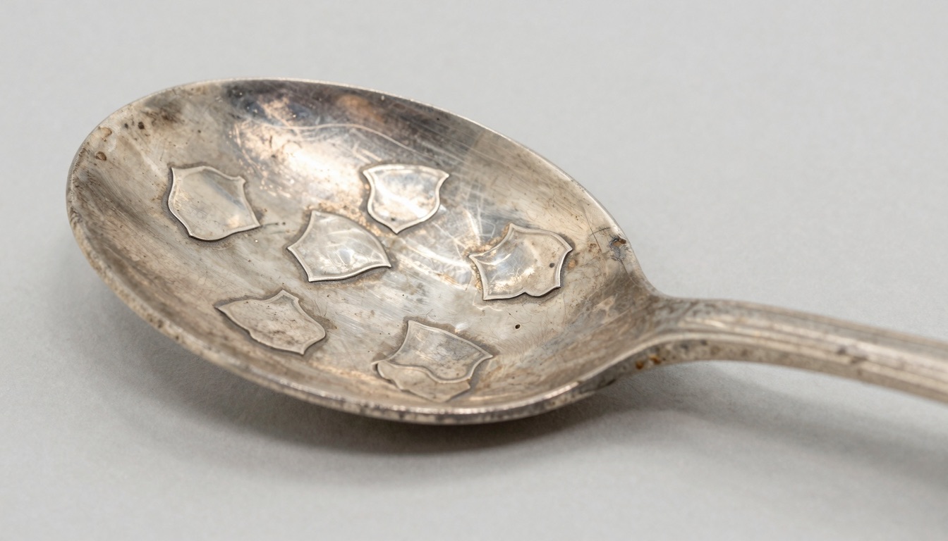 Worn silver hallmarks on the back of an antique sterling spoon under angled light