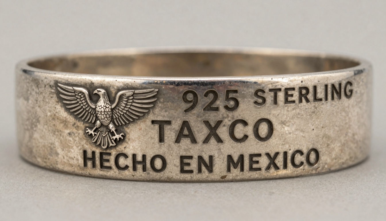 Mexican silver hallmarks showing the eagle assay mark beside 925 and Taxco maker stamps