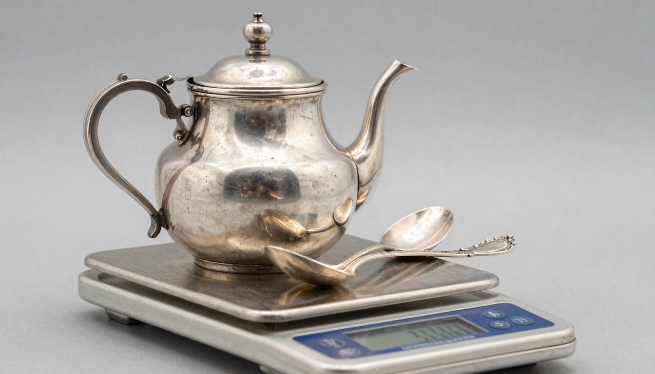 Antique sterling silver teapot and spoons on a digital scale to calculate silver melt value