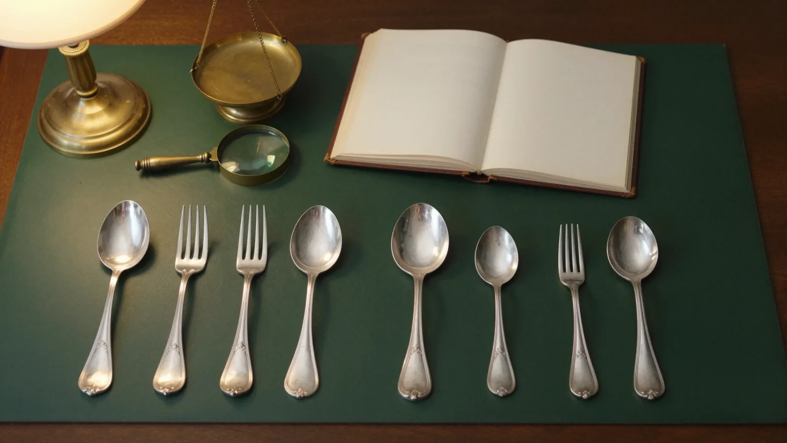 Georgian and Victorian sterling silver flatware laid out on a dealer’s desk with a loupe, balance scale and reference book