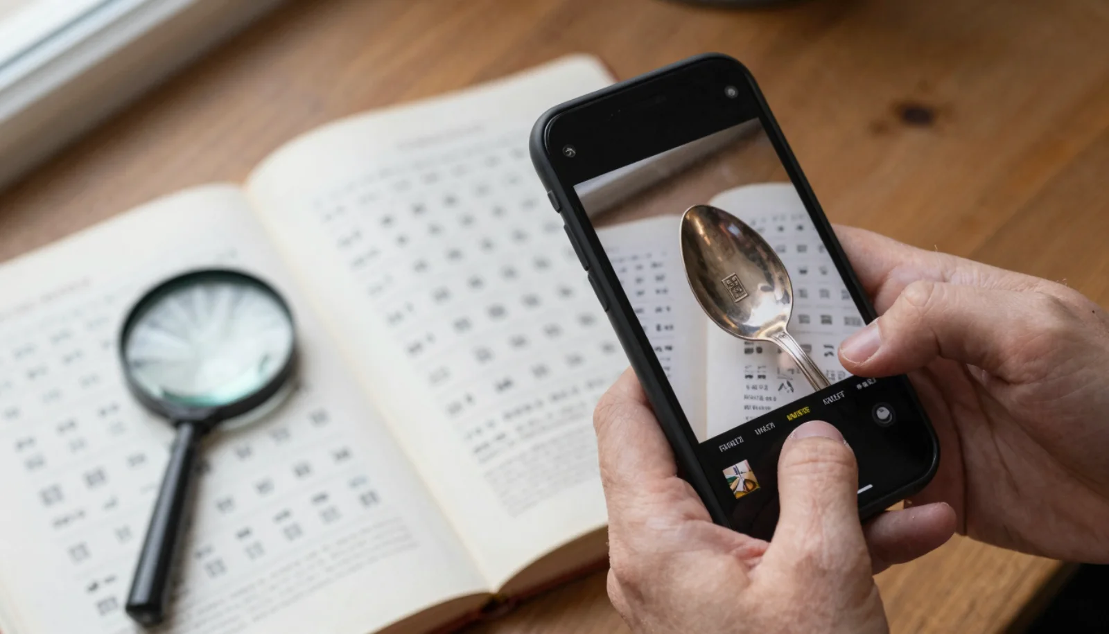 Comparing silver hallmark identifier apps: a phone scanning marks on an antique spoon beside a printed hallmark chart