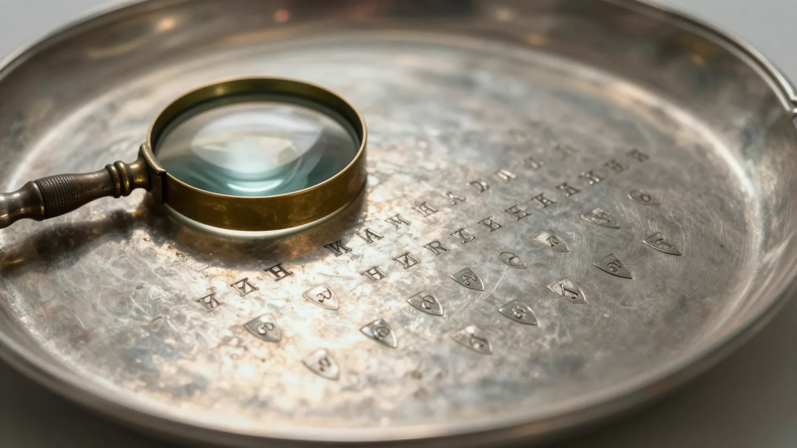 Silversmith maker's mark initials stamped on antique sterling silver under a jeweler's loupe