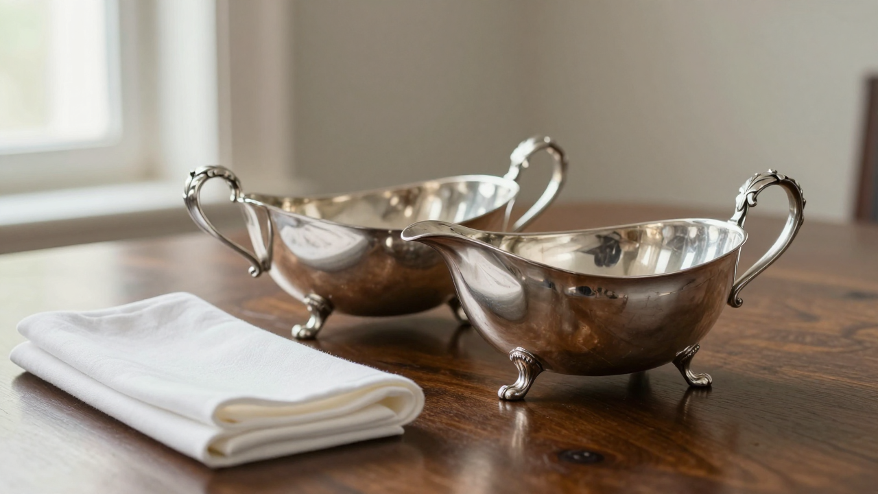 Pair of antique silver sauce boats with scroll handles on a wooden dining table