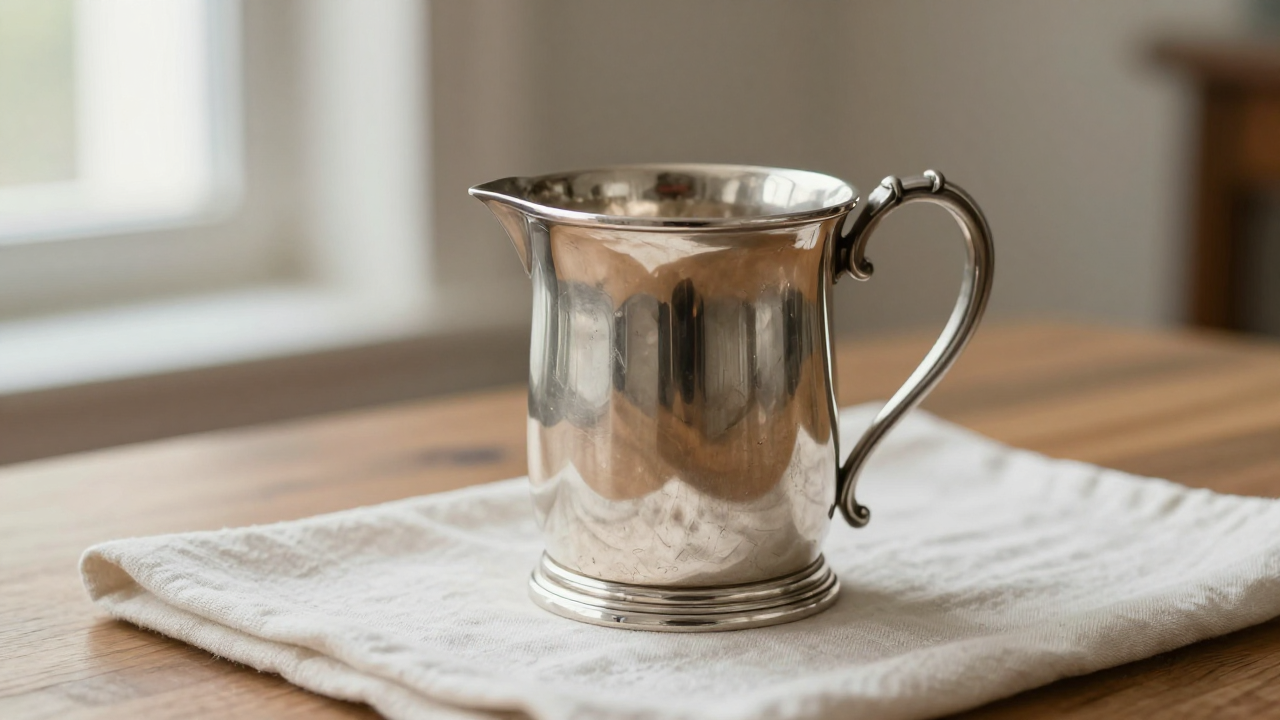 Antique silver christening mug with a scroll handle on a linen cloth by a window